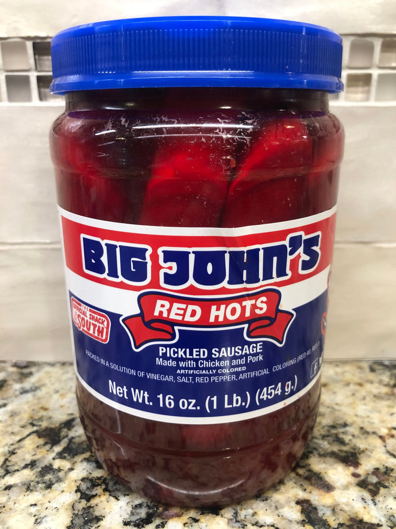 Big John's Pickled Pork Sausage 16 oz Jar Red Hots Meat Snack Wieners