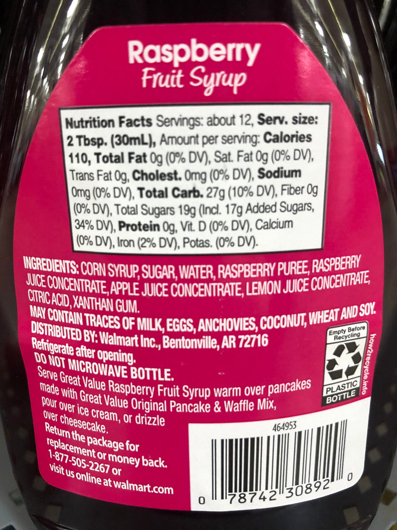 FOUR BOTTLES Great Value Raspberry Fruit Syrup 12 fl oz Pancake Waffle Breakfast