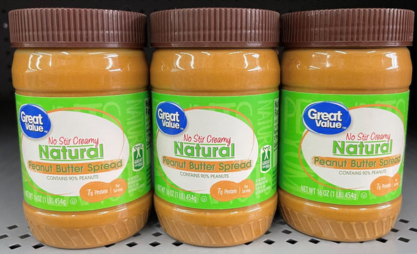 3 JARS Great Value Natural No Stir Creamy Peanut Butter 16 oz Sandwich