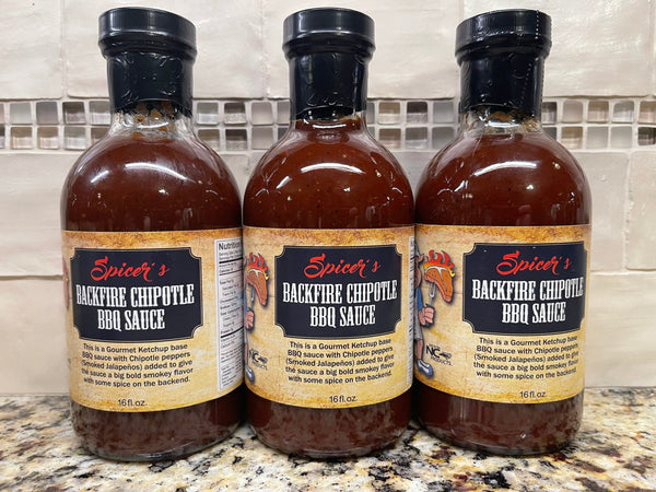 3 BOTTLES Spicer's Sauces Backfire Chipotle BBQ Sauce 16 oz Barbecue Pepper