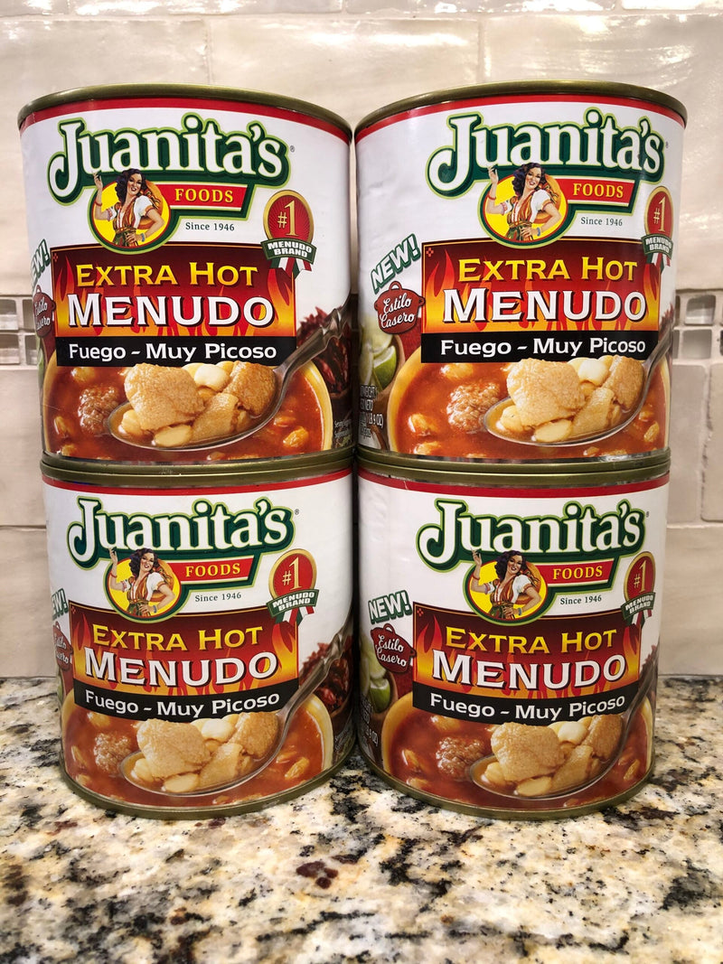 4 CANS Juanita's Extra Hot Menudo 25 oz Soup Tripe Stock FREE SHIP