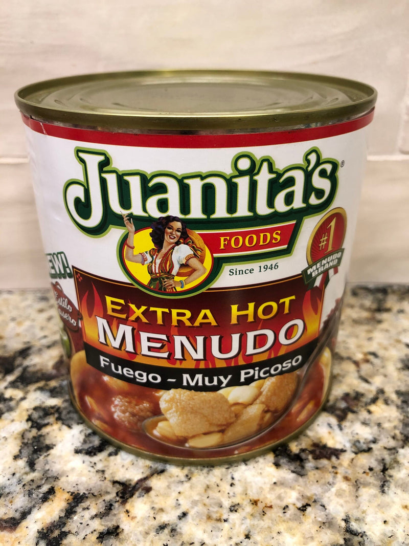 4 CANS Juanita's Extra Hot Menudo 25 oz Soup Tripe Stock FREE SHIP