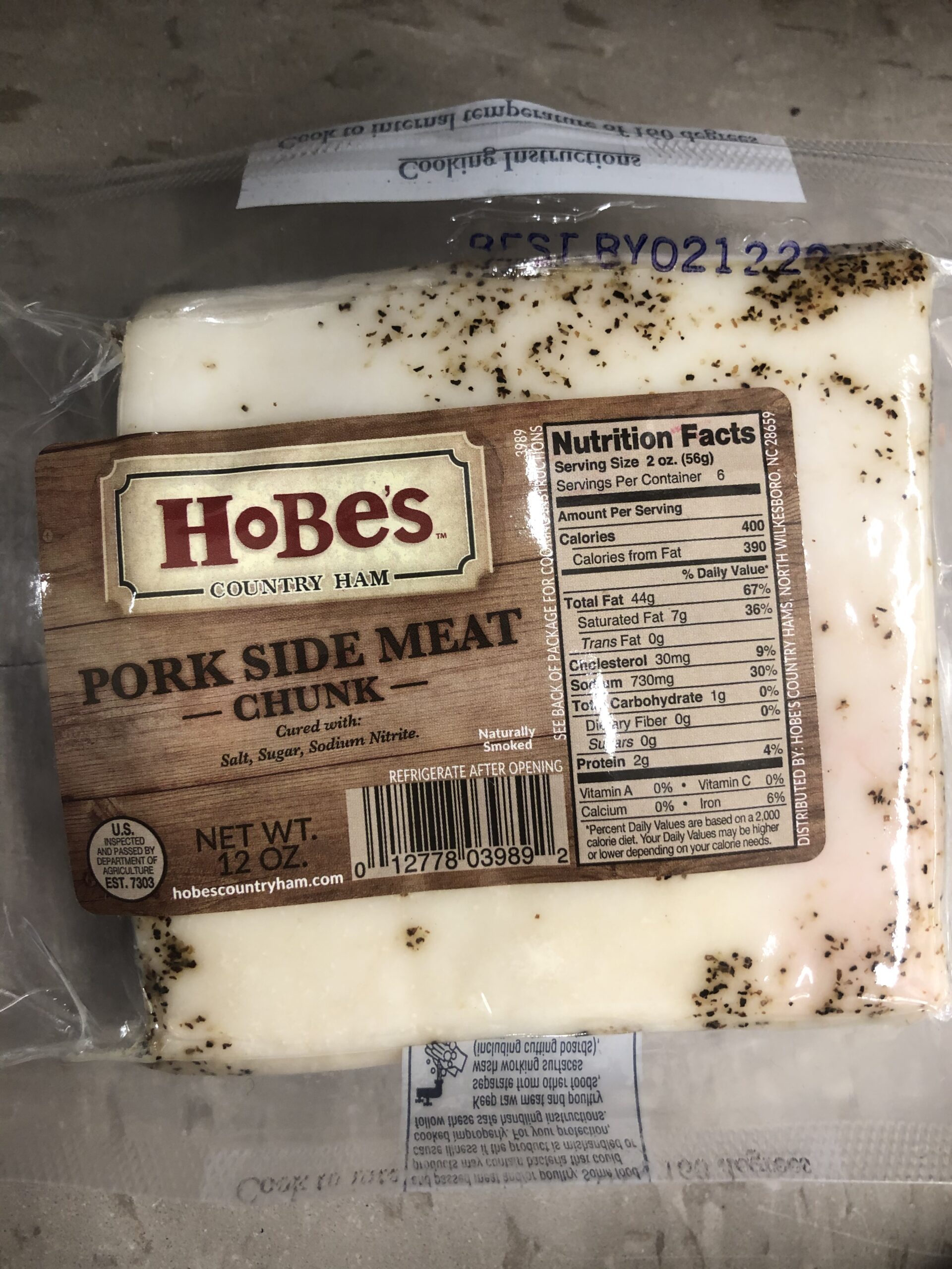 Hobes Country Pork Chunk Sliced Side Meat 12 Oz Flavor Cured Country Ham