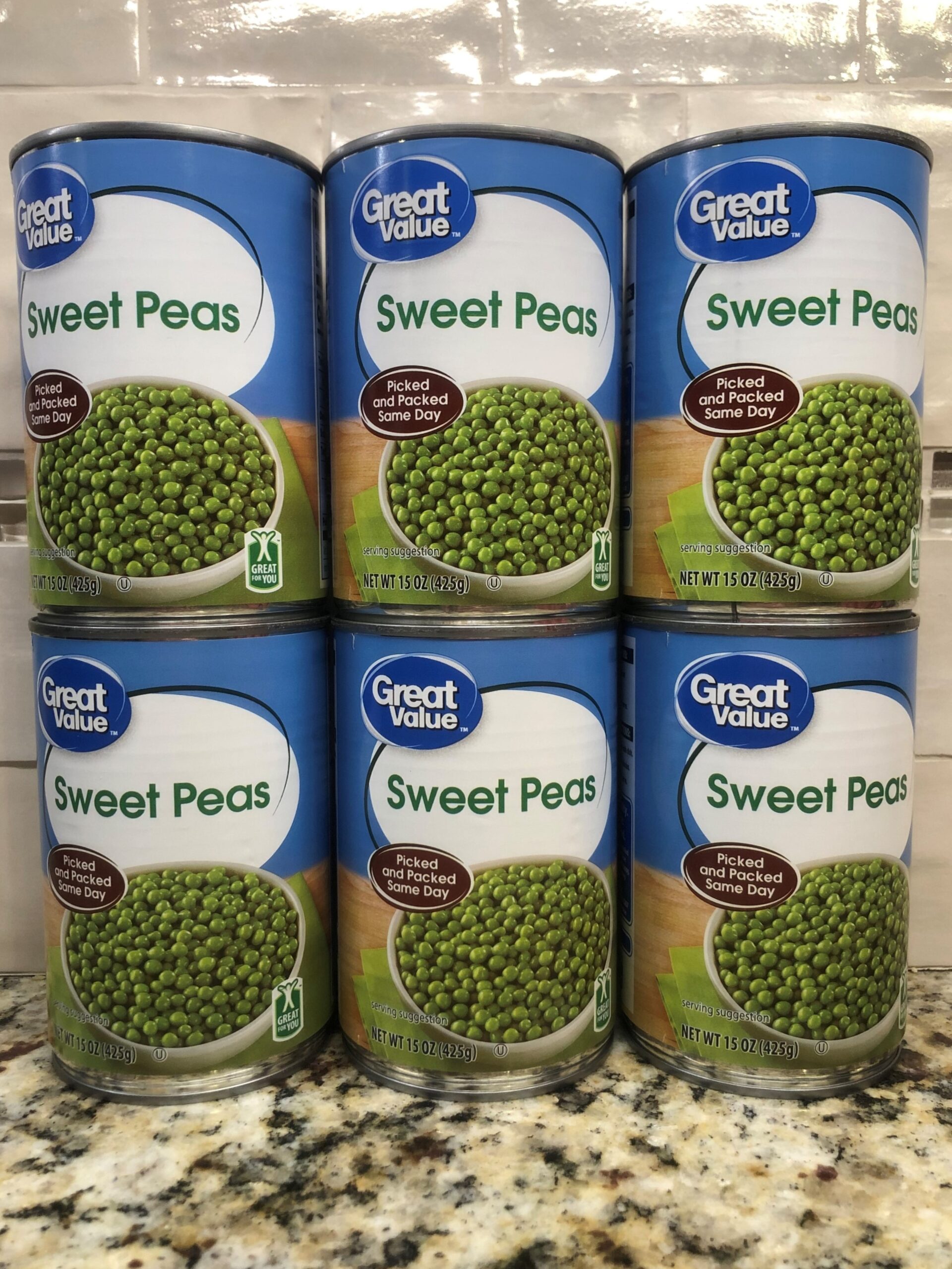 6 CANS Great Value Sweet Green Peas 15 oz Can Vegetable Soup Salad