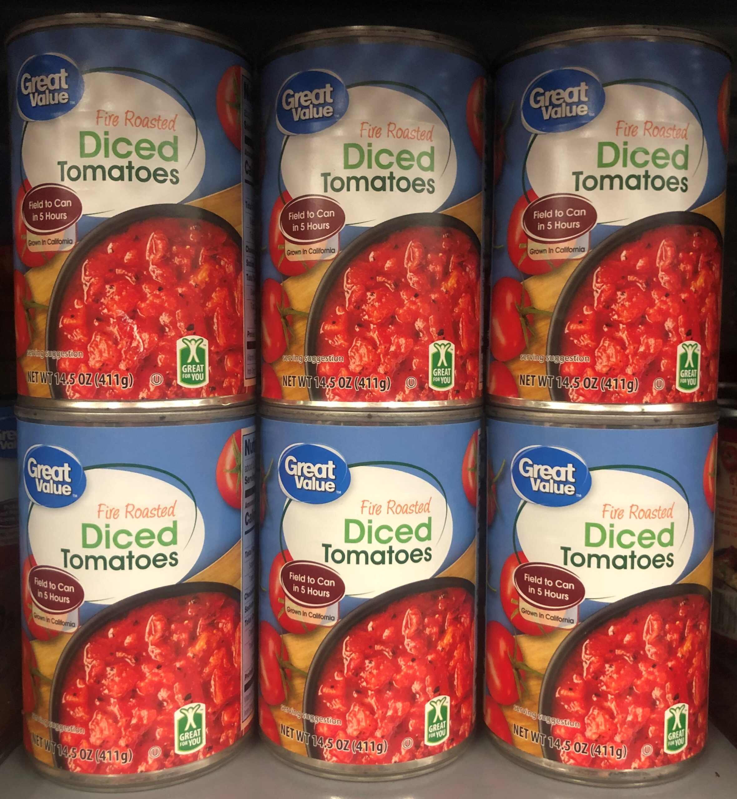 6 CANS Great Value Fire Roasted Diced Tomatoes 14.5 oz Can chili spaghetti ca...