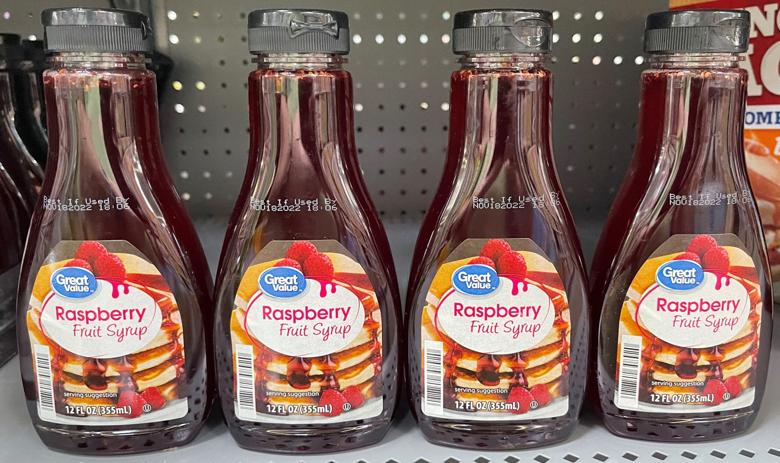 FOUR BOTTLES Great Value Raspberry Fruit Syrup 12 fl oz Pancake Waffle Breakfast