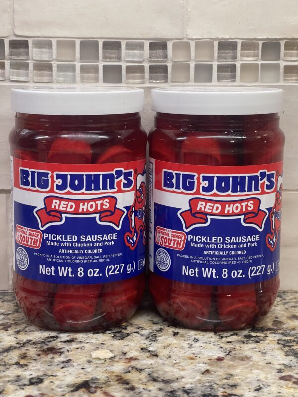 2 Jars Big Johns Pickled Pork Sausage 8 Oz Jar Red Hots Meat Wieners